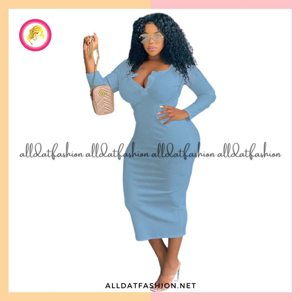 Zoe Plus Size V Neck Long Sleeve Bodycon Midi Dress
